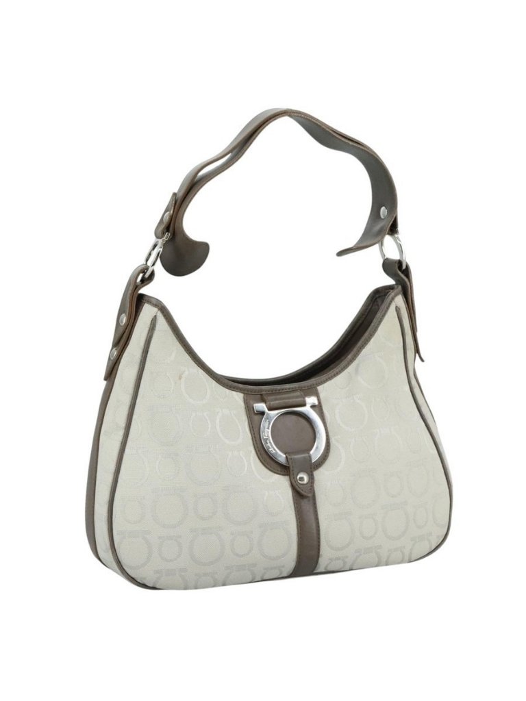 Authentic Salvatore Ferragamo Gancini Shoulder Bag Canvas Gray